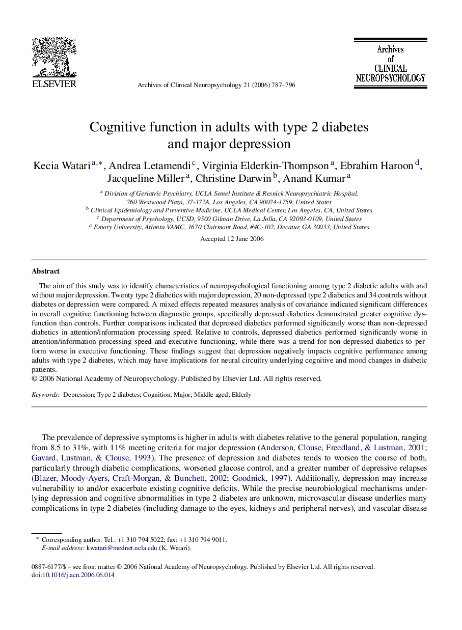 Cognitive function in adults with type 2 diabetes and major depression