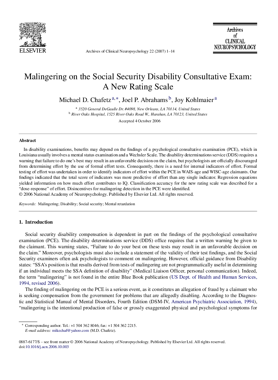 Malingering on the Social Security Disability Consultative Exam: A New Rating Scale