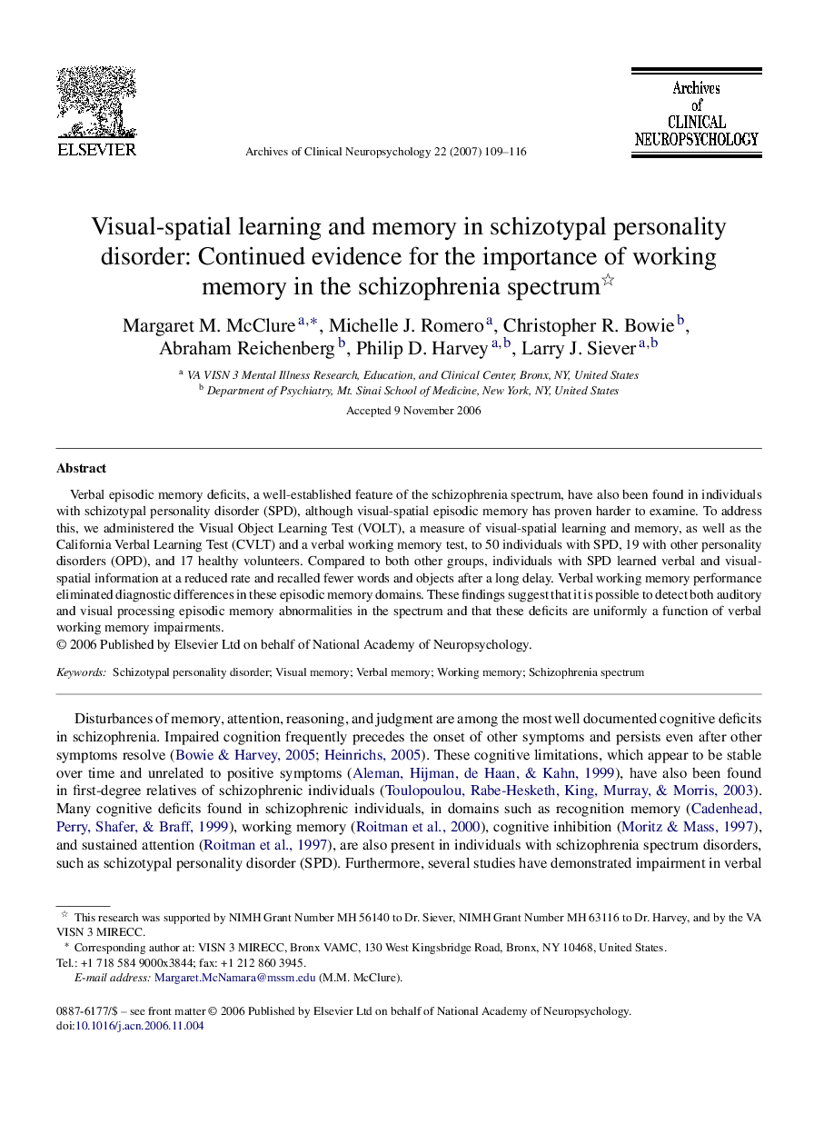 Visual-spatial learning and memory in schizotypal personality disorder: Continued evidence for the importance of working memory in the schizophrenia spectrum 