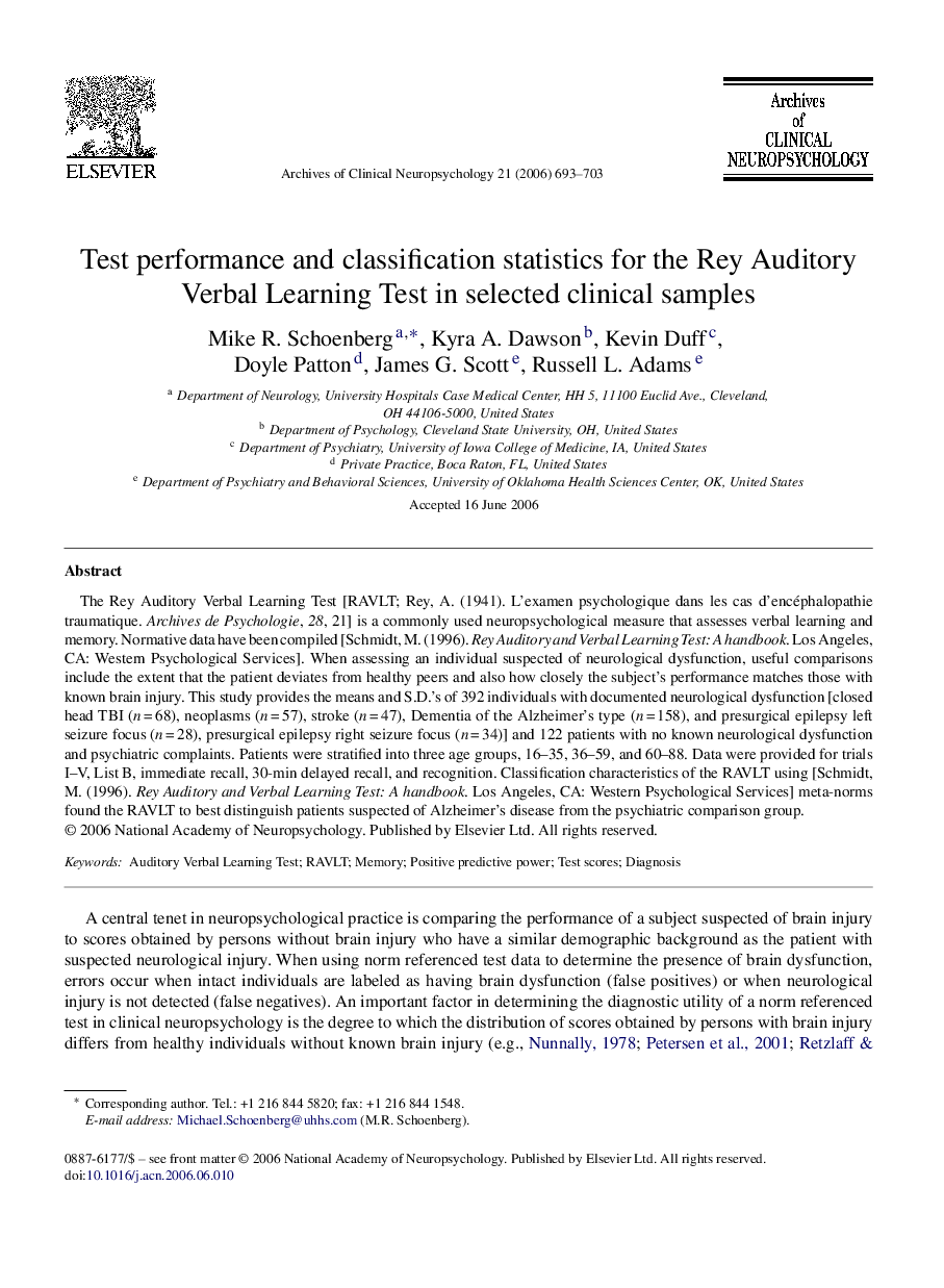 Test performance and classification statistics for the Rey Auditory Verbal Learning Test in selected clinical samples