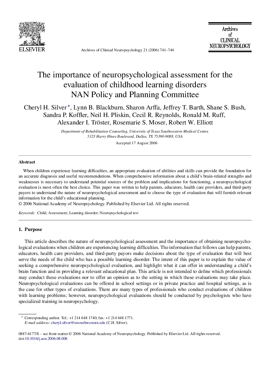 The importance of neuropsychological assessment for the evaluation of childhood learning disorders: NAN Policy and Planning Committee