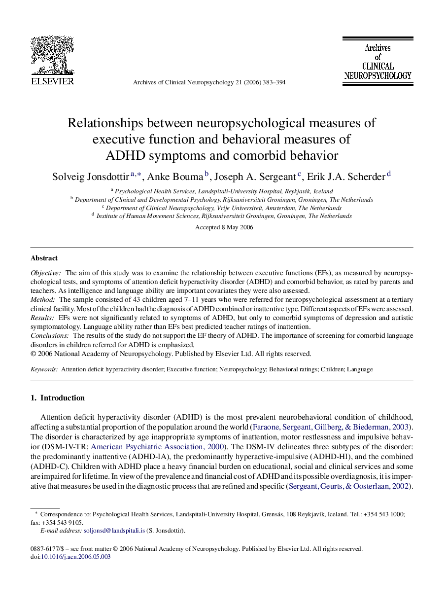 Relationships between neuropsychological measures of executive function and behavioral measures of ADHD symptoms and comorbid behavior