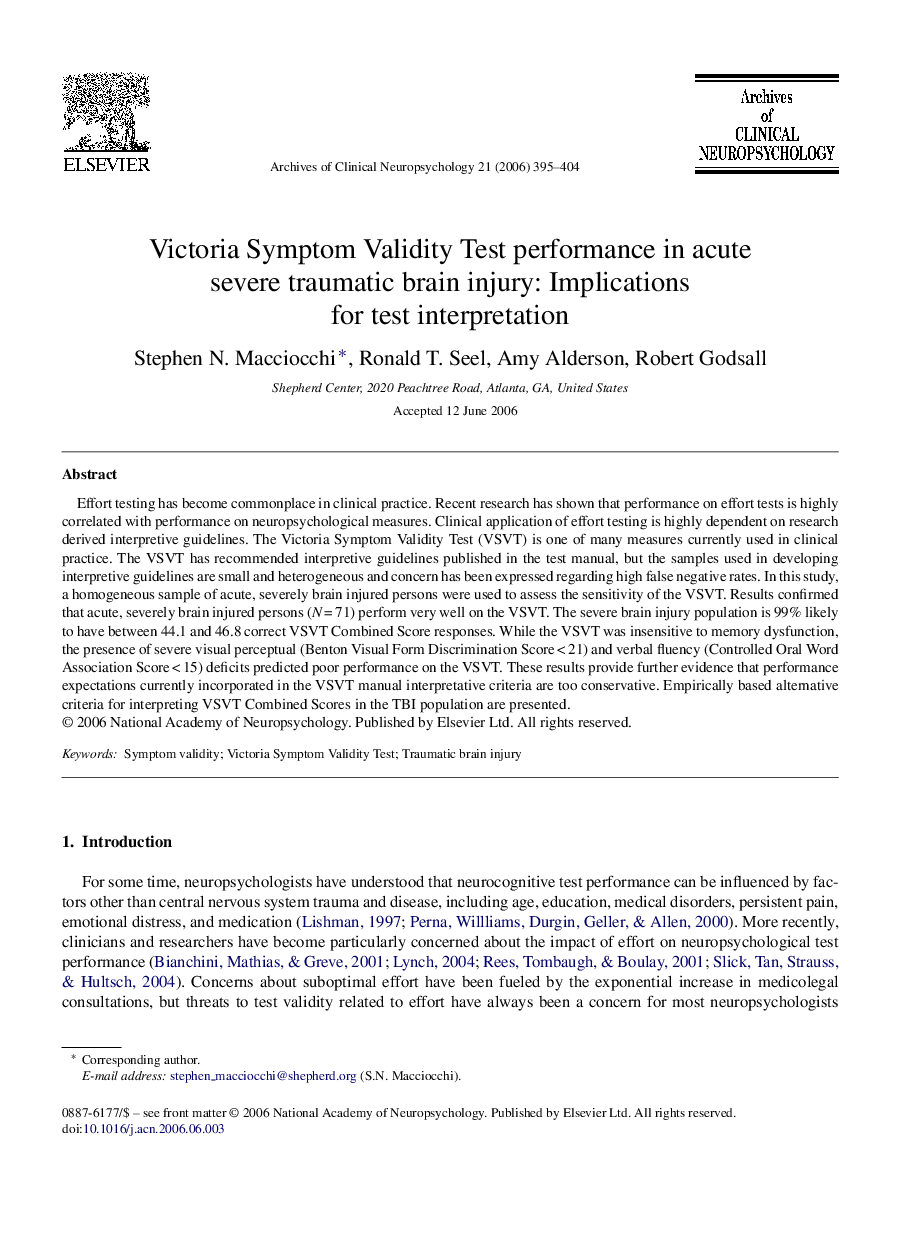 Victoria Symptom Validity Test performance in acute severe traumatic brain injury: Implications for test interpretation