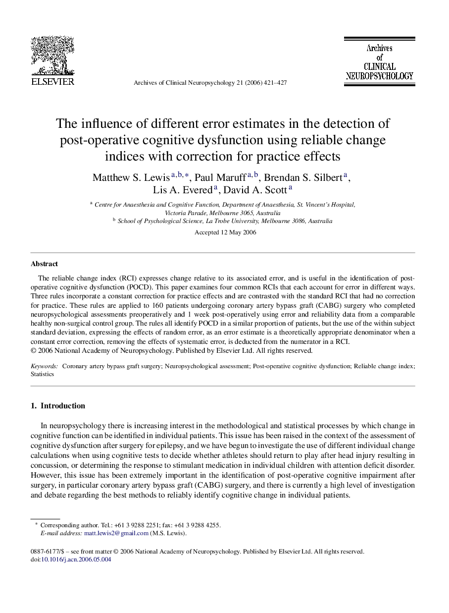 The influence of different error estimates in the detection of post-operative cognitive dysfunction using reliable change indices with correction for practice effects