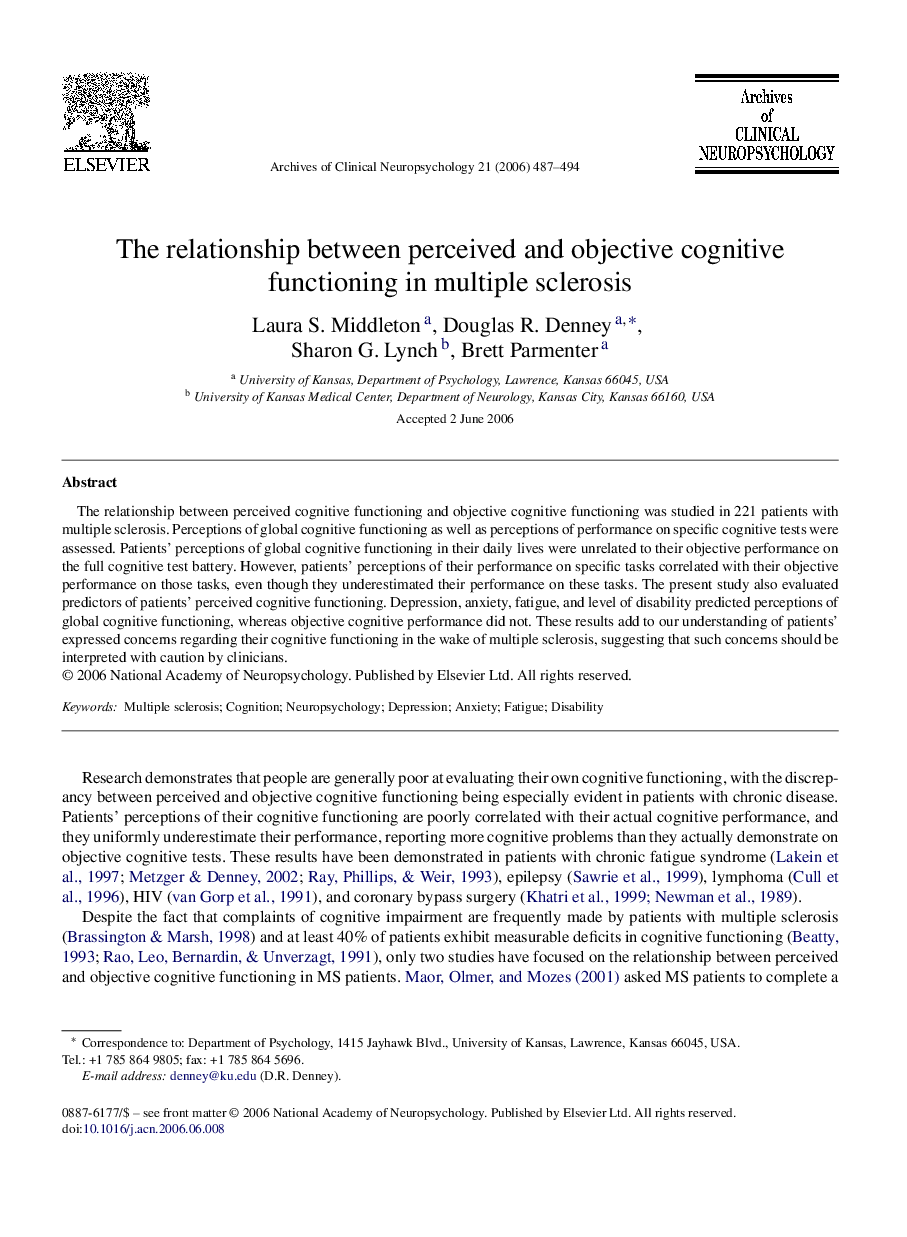 The relationship between perceived and objective cognitive functioning in multiple sclerosis