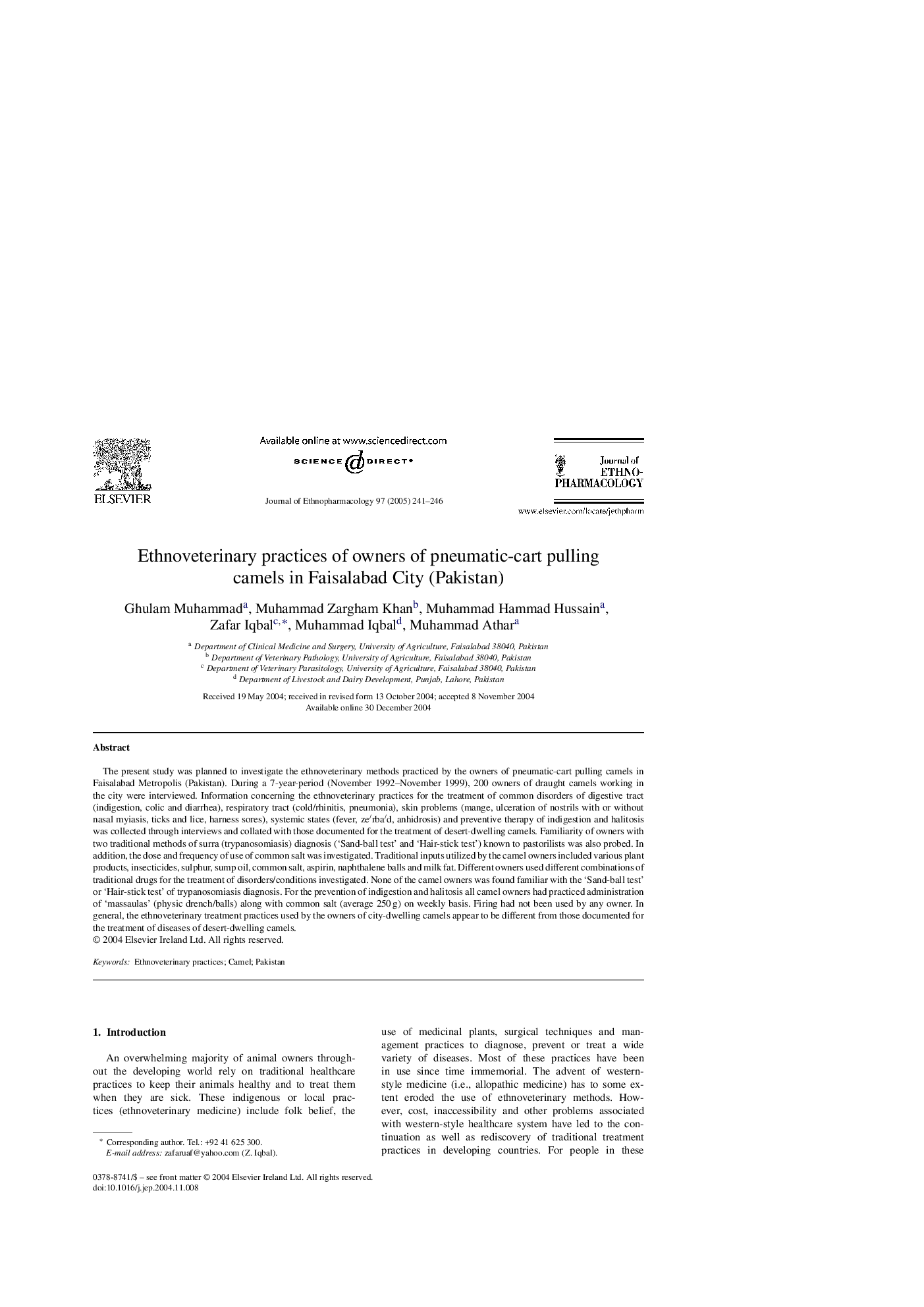 Ethnoveterinary practices of owners of pneumatic-cart pulling camels in Faisalabad City (Pakistan)