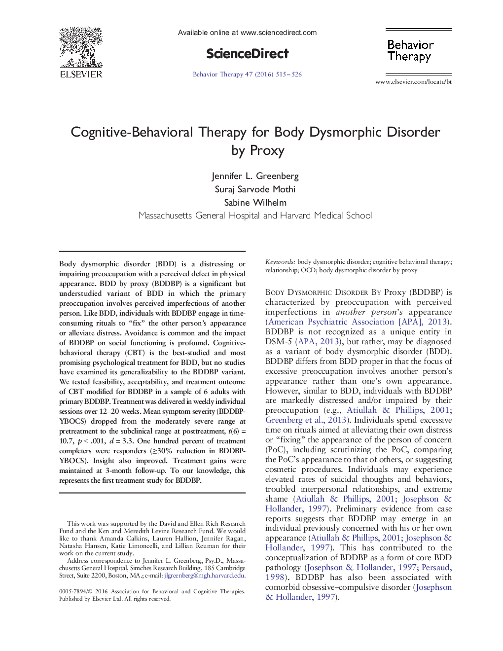 Cognitive-Behavioral Therapy for Body Dysmorphic Disorder by Proxy 