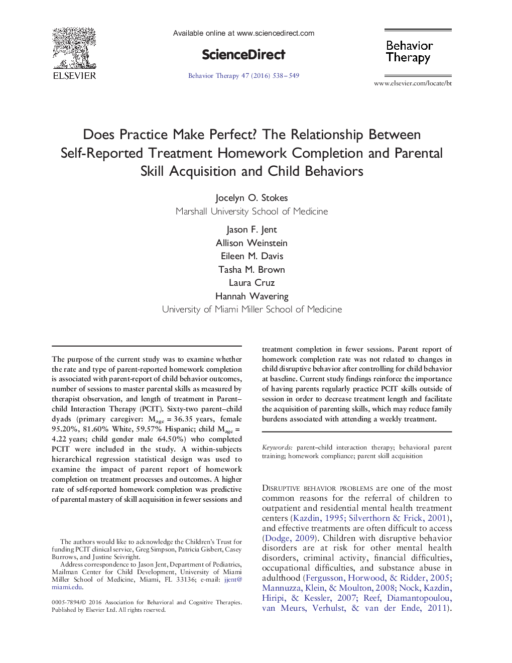 Does Practice Make Perfect? The Relationship Between Self-Reported Treatment Homework Completion and Parental Skill Acquisition and Child Behaviors 