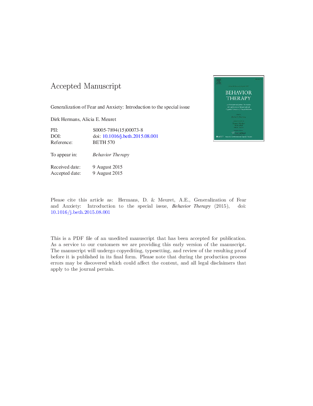 Generalization of Fear and Anxiety: Introduction to the Special Issue