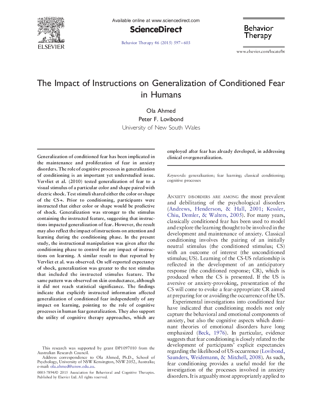 The Impact of Instructions on Generalization of Conditioned Fear in Humans 