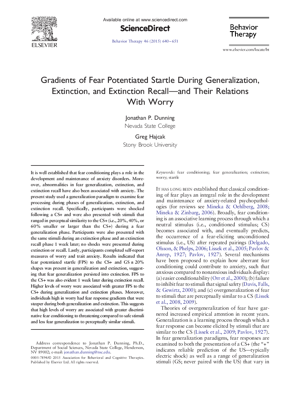 Gradients of Fear Potentiated Startle During Generalization, Extinction, and Extinction Recall—and Their Relations With Worry