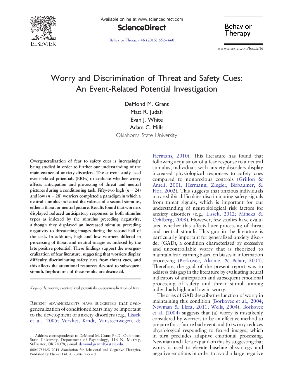 Worry and Discrimination of Threat and Safety Cues: An Event-Related Potential Investigation