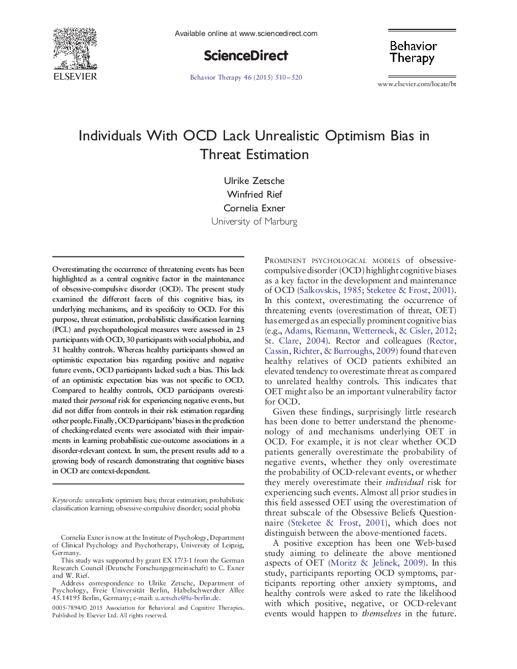 Individuals With OCD Lack Unrealistic Optimism Bias in Threat Estimation 