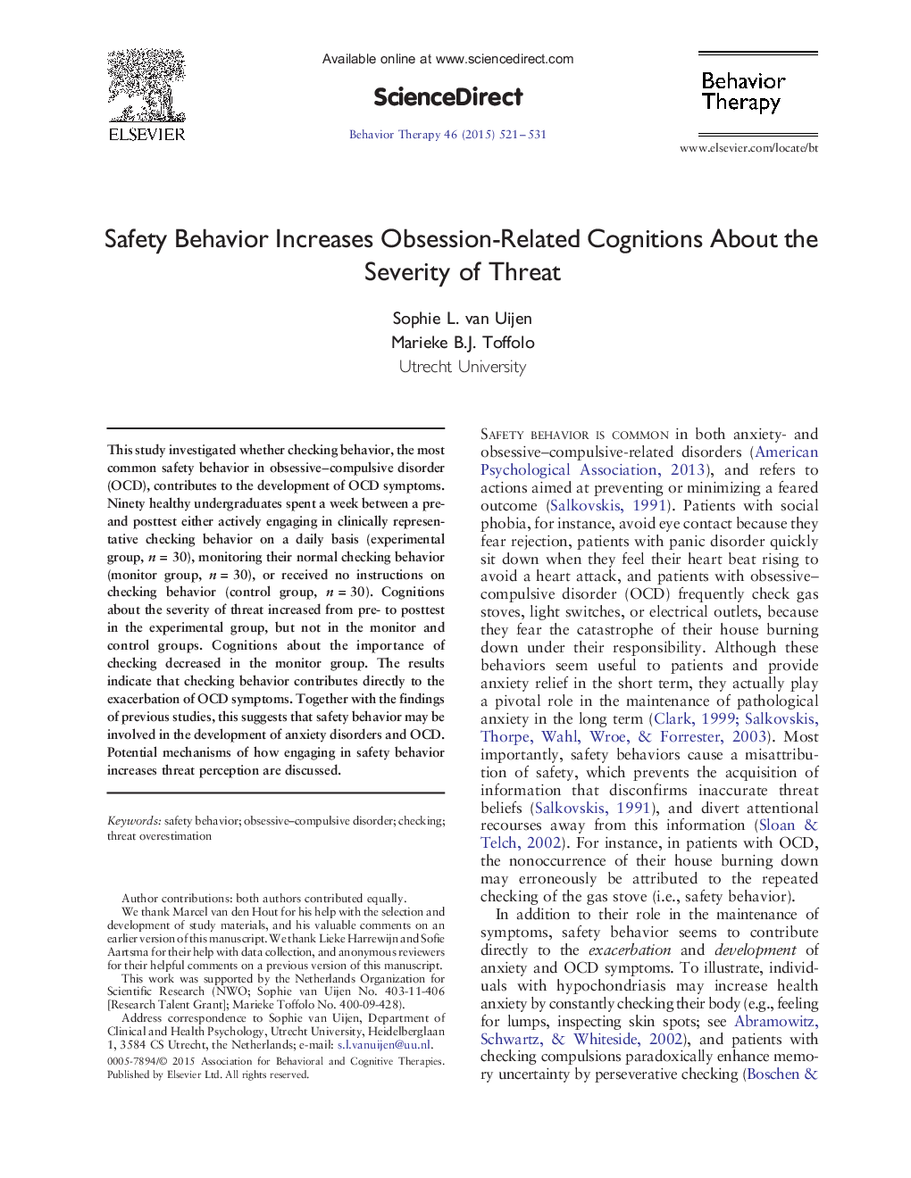 Safety Behavior Increases Obsession-Related Cognitions About the Severity of Threat 