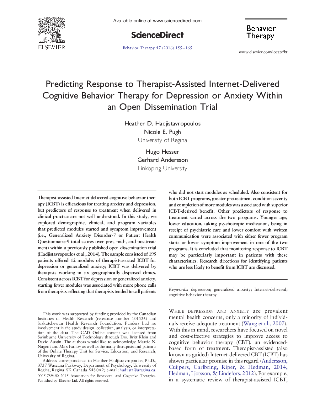 Predicting Response to Therapist-Assisted Internet-Delivered Cognitive Behavior Therapy for Depression or Anxiety Within an Open Dissemination Trial 