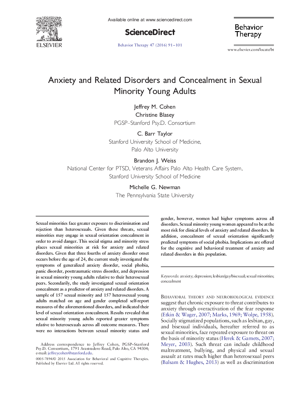 Anxiety and Related Disorders and Concealment in Sexual Minority Young Adults