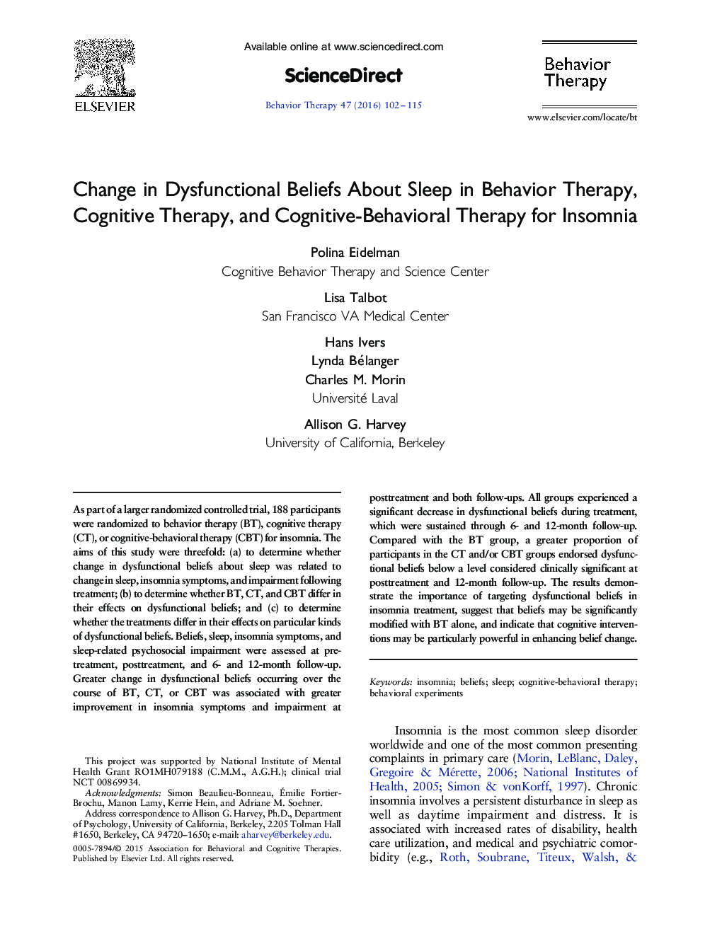 Change in Dysfunctional Beliefs About Sleep in Behavior Therapy, Cognitive Therapy, and Cognitive-Behavioral Therapy for Insomnia 