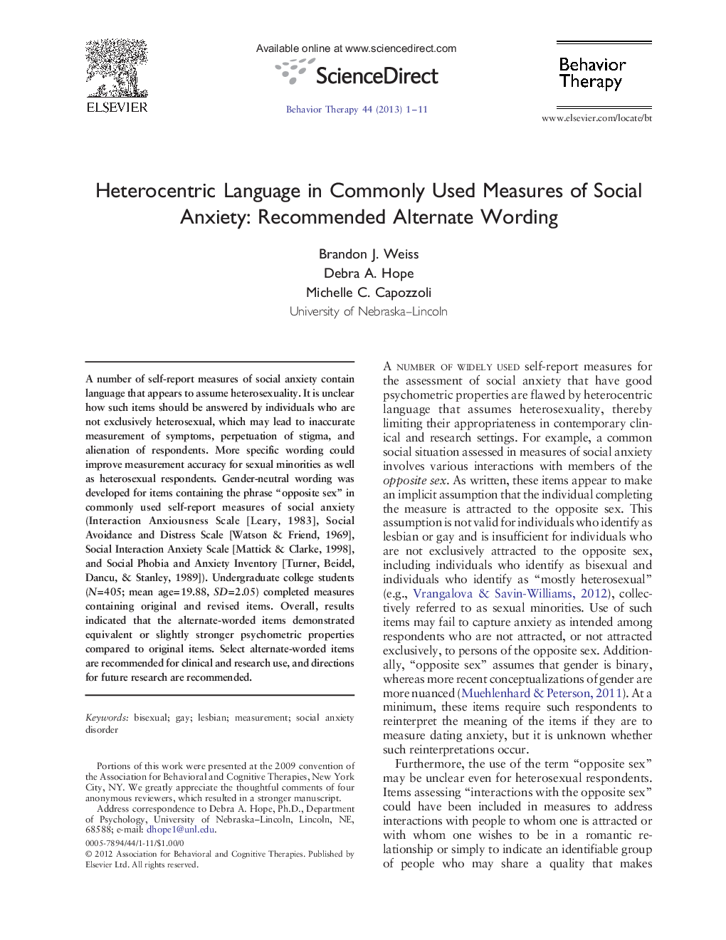 Heterocentric Language in Commonly Used Measures of Social Anxiety: Recommended Alternate Wording 