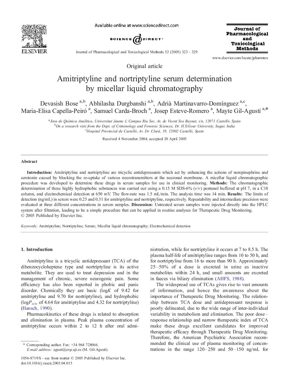 Amitriptyline and nortriptyline serum determination by micellar liquid chromatography
