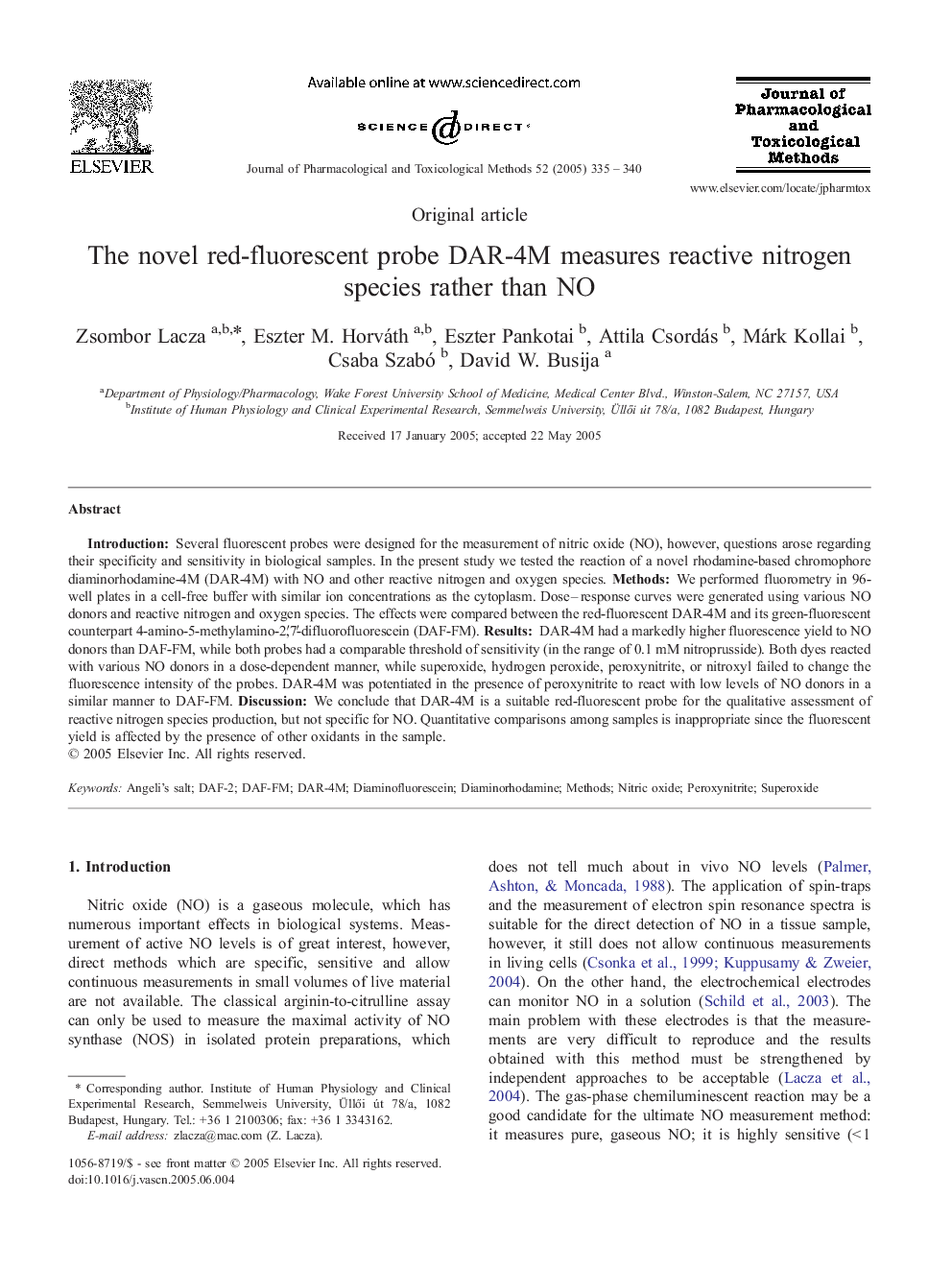 The novel red-fluorescent probe DAR-4M measures reactive nitrogen species rather than NO