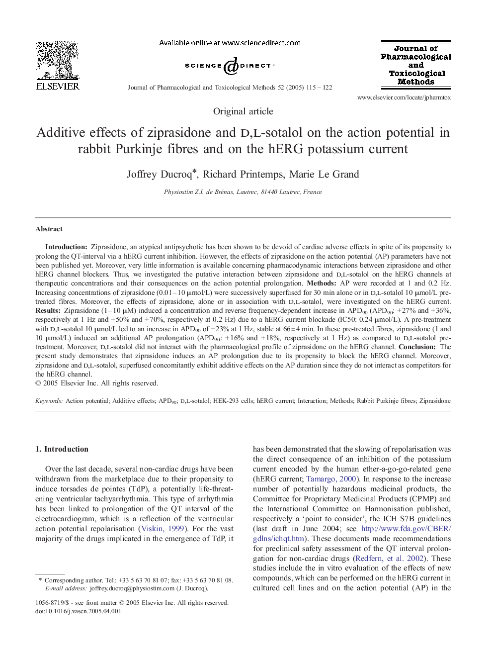 Additive effects of ziprasidone and d,l-sotalol on the action potential in rabbit Purkinje fibres and on the hERG potassium current