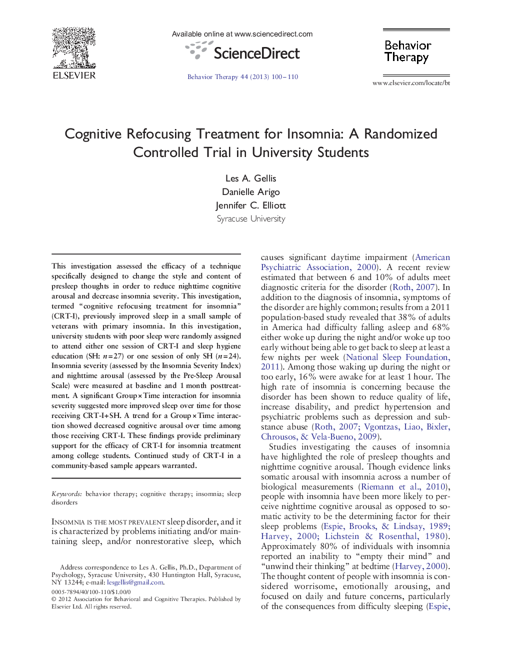 Cognitive Refocusing Treatment for Insomnia: A Randomized Controlled Trial in University Students