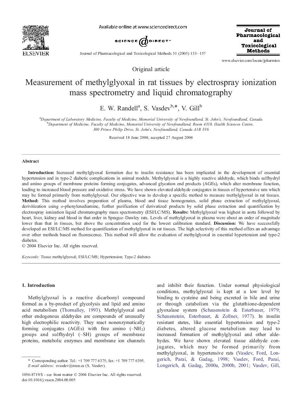 Measurement of methylglyoxal in rat tissues by electrospray ionization mass spectrometry and liquid chromatography