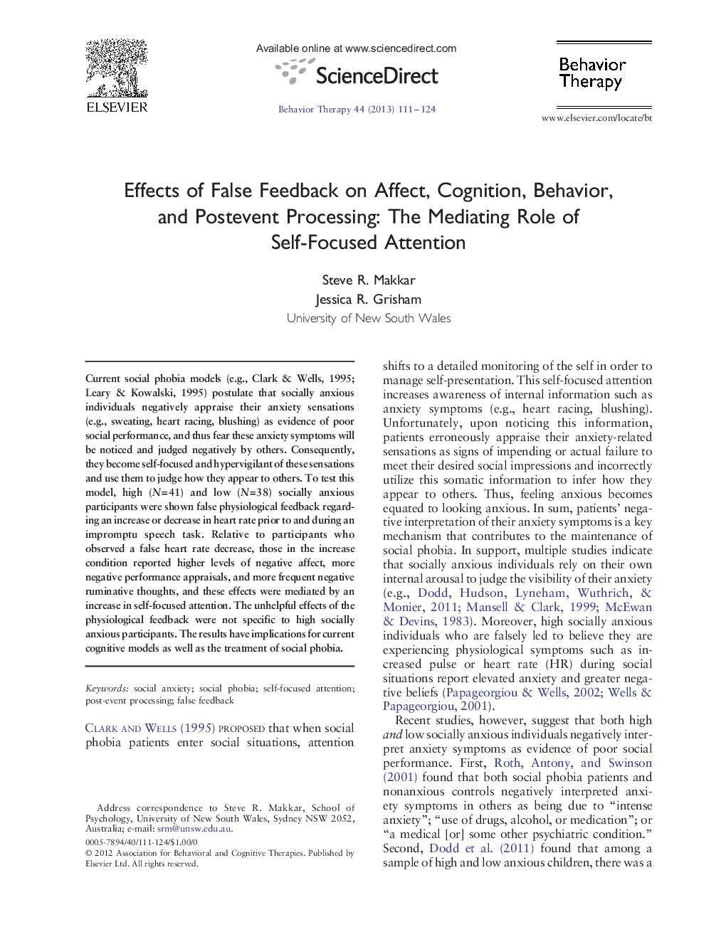 Effects of False Feedback on Affect, Cognition, Behavior, and Postevent Processing: The Mediating Role of Self-Focused Attention