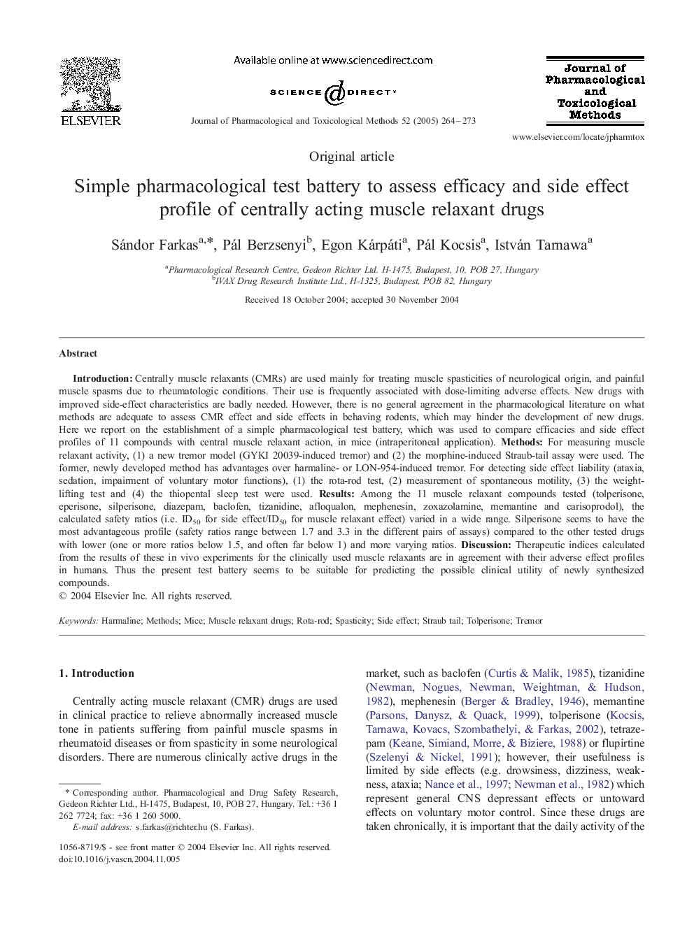 Simple pharmacological test battery to assess efficacy and side effect profile of centrally acting muscle relaxant drugs