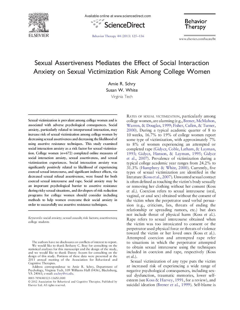 Sexual Assertiveness Mediates the Effect of Social Interaction Anxiety on Sexual Victimization Risk Among College Women 