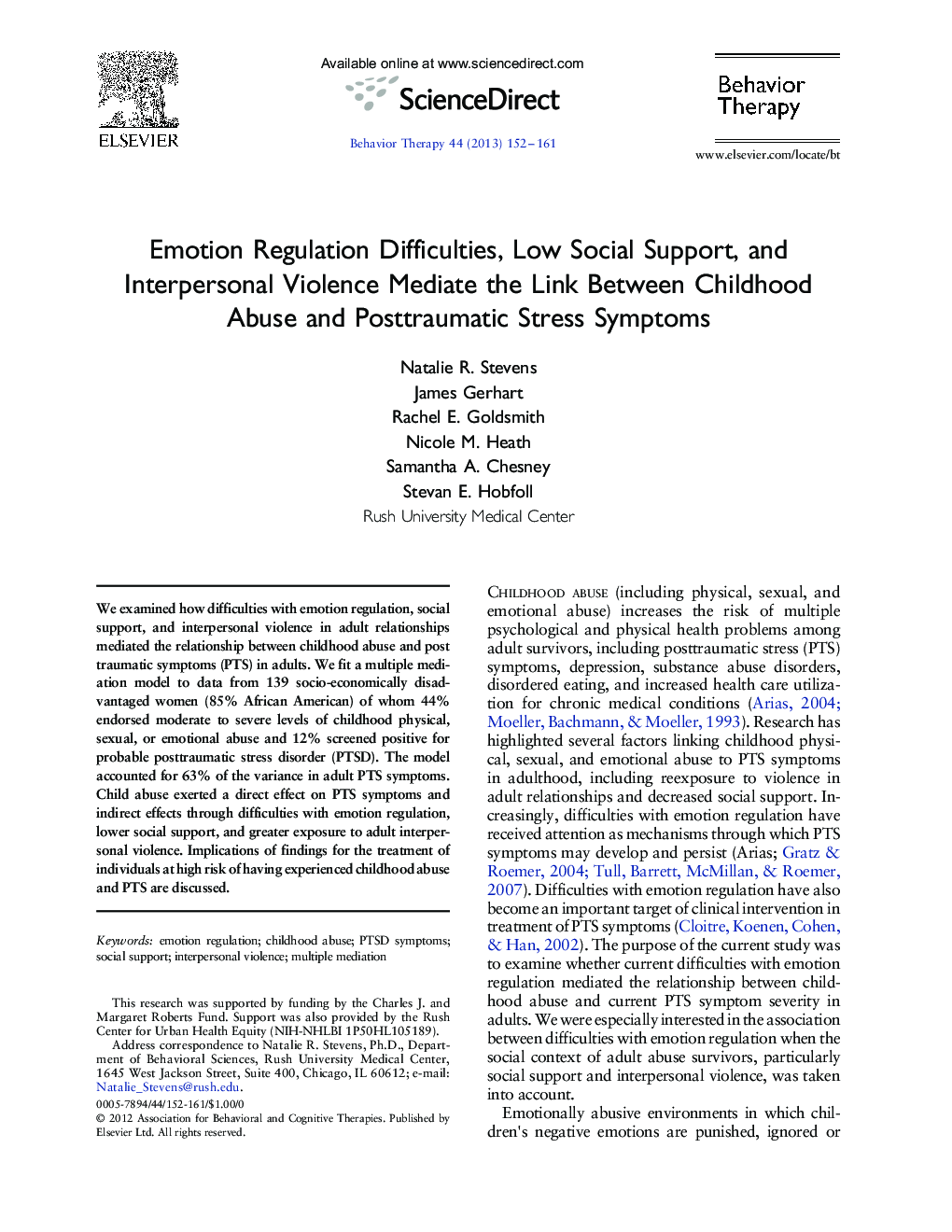 Emotion Regulation Difficulties, Low Social Support, and Interpersonal Violence Mediate the Link Between Childhood Abuse and Posttraumatic Stress Symptoms 