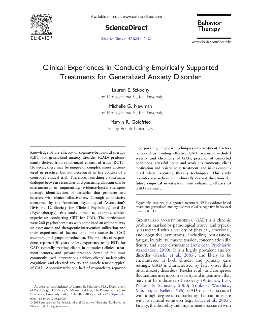 Clinical Experiences in Conducting Empirically Supported Treatments for Generalized Anxiety Disorder