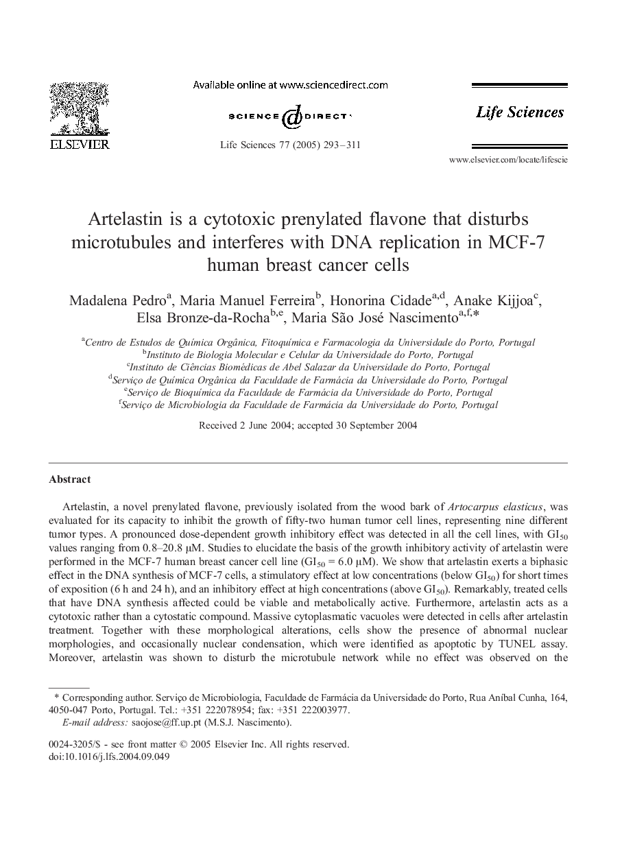 Artelastin is a cytotoxic prenylated flavone that disturbs microtubules and interferes with DNA replication in MCF-7 human breast cancer cells