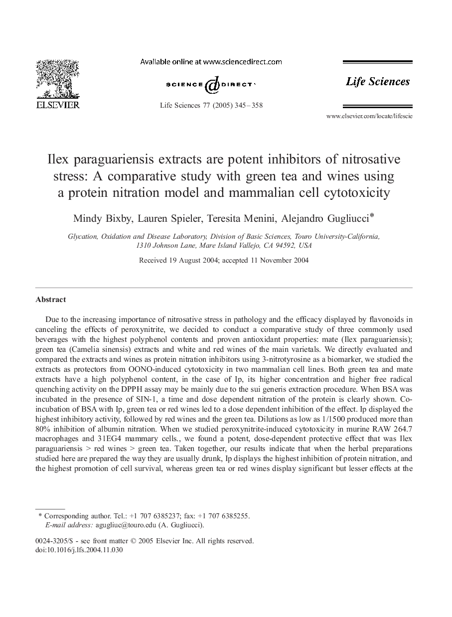 Ilex paraguariensis extracts are potent inhibitors of nitrosative stress: A comparative study with green tea and wines using a protein nitration model and mammalian cell cytotoxicity