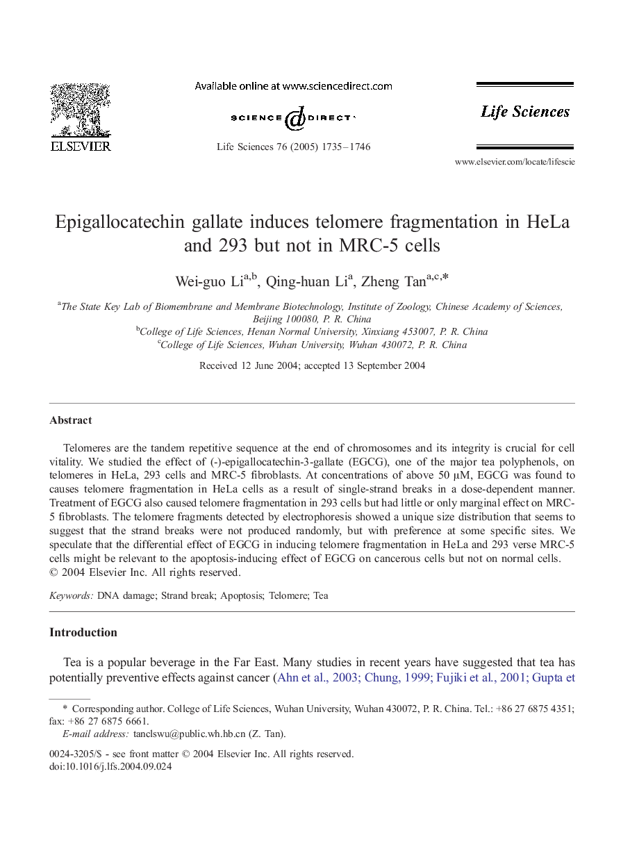 Epigallocatechin gallate induces telomere fragmentation in HeLa and 293 but not in MRC-5 cells