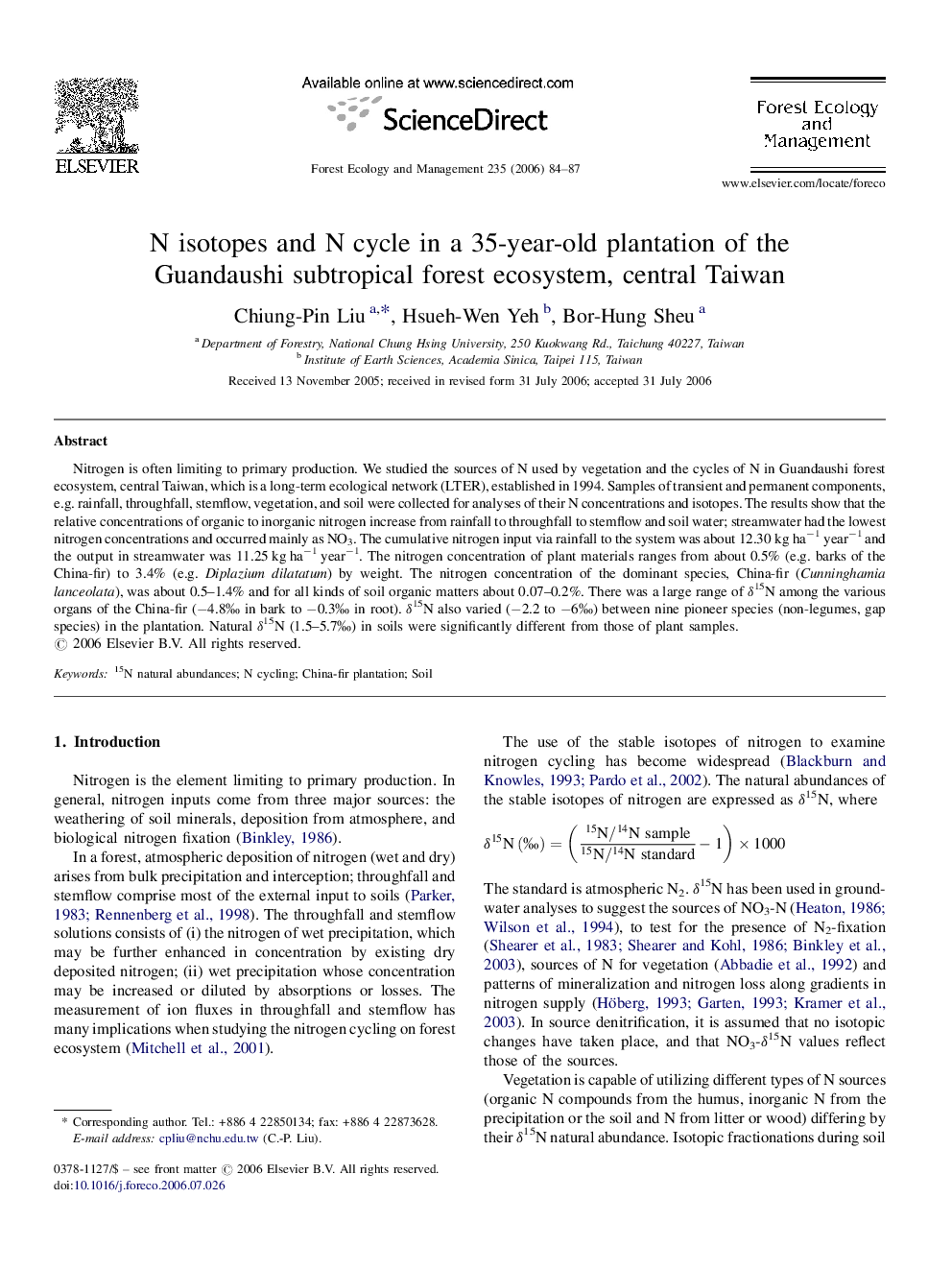 N isotopes and N cycle in a 35-year-old plantation of the Guandaushi subtropical forest ecosystem, central Taiwan