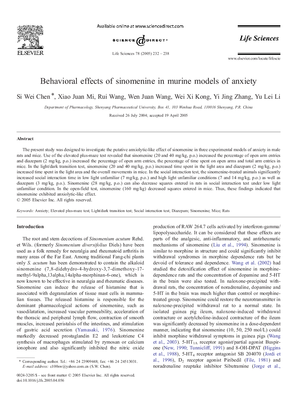 Behavioral effects of sinomenine in murine models of anxiety