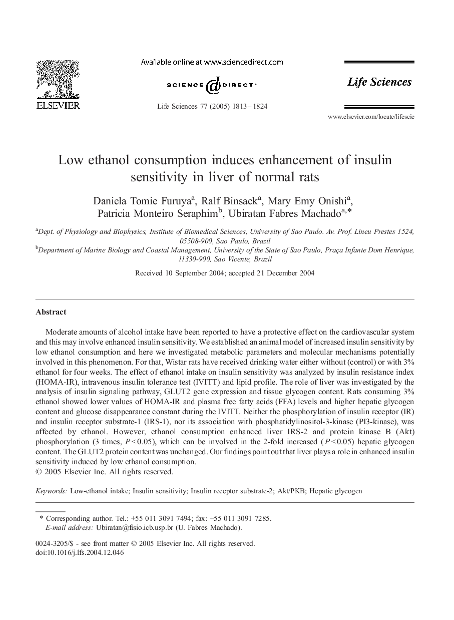 Low ethanol consumption induces enhancement of insulin sensitivity in liver of normal rats