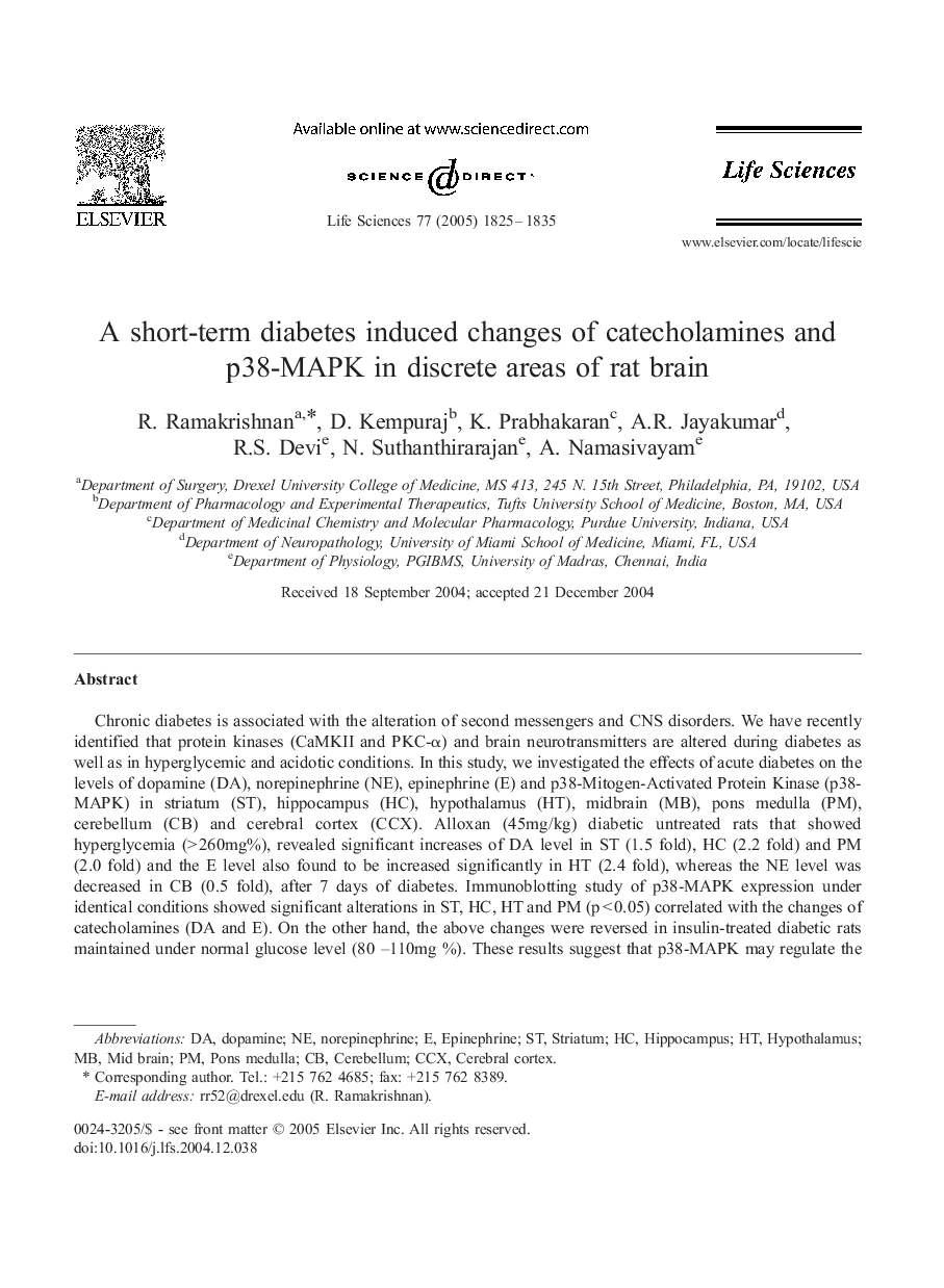 A short-term diabetes induced changes of catecholamines and p38-MAPK in discrete areas of rat brain