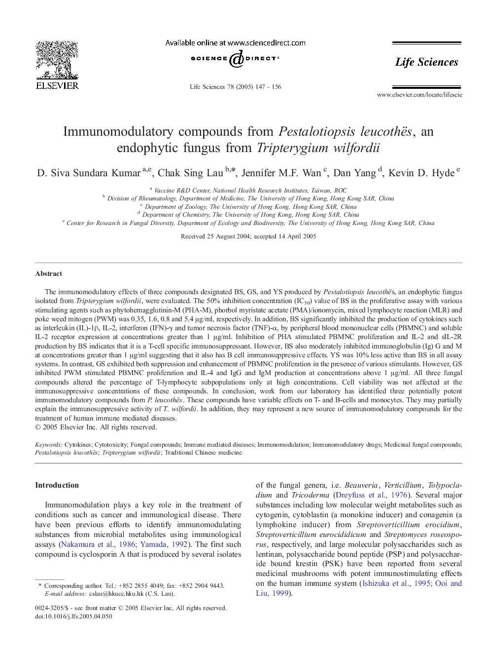 Immunomodulatory compounds from Pestalotiopsis leucothës, an endophytic fungus from Tripterygium wilfordii