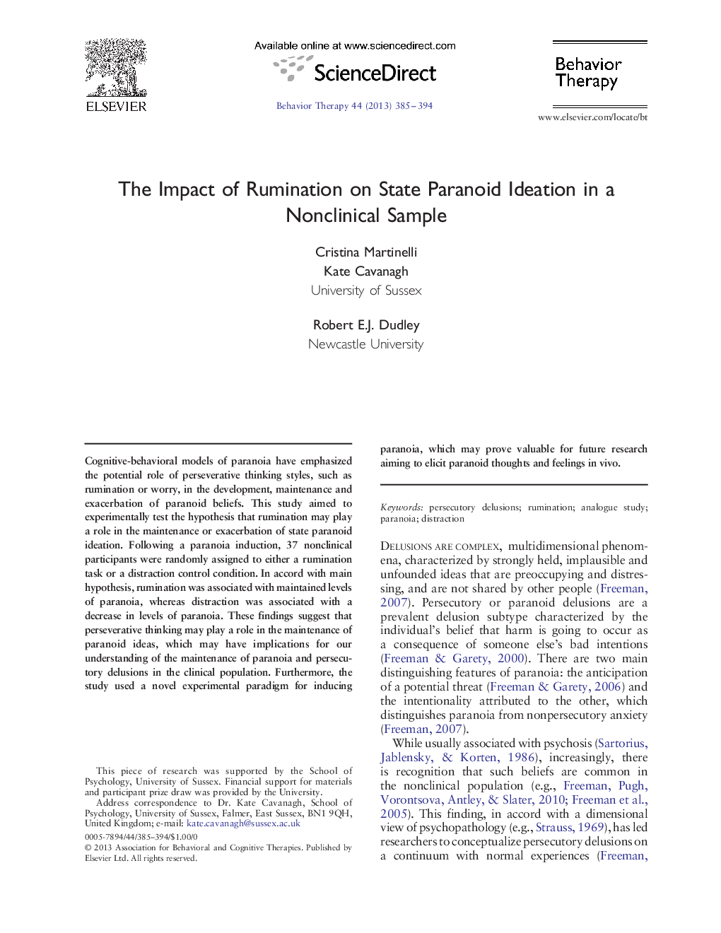 The Impact of Rumination on State Paranoid Ideation in a Nonclinical Sample 