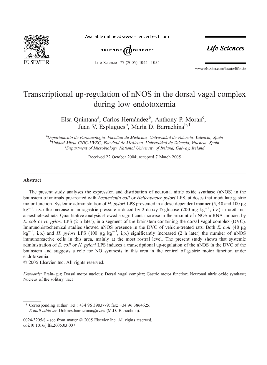 Transcriptional up-regulation of nNOS in the dorsal vagal complex during low endotoxemia