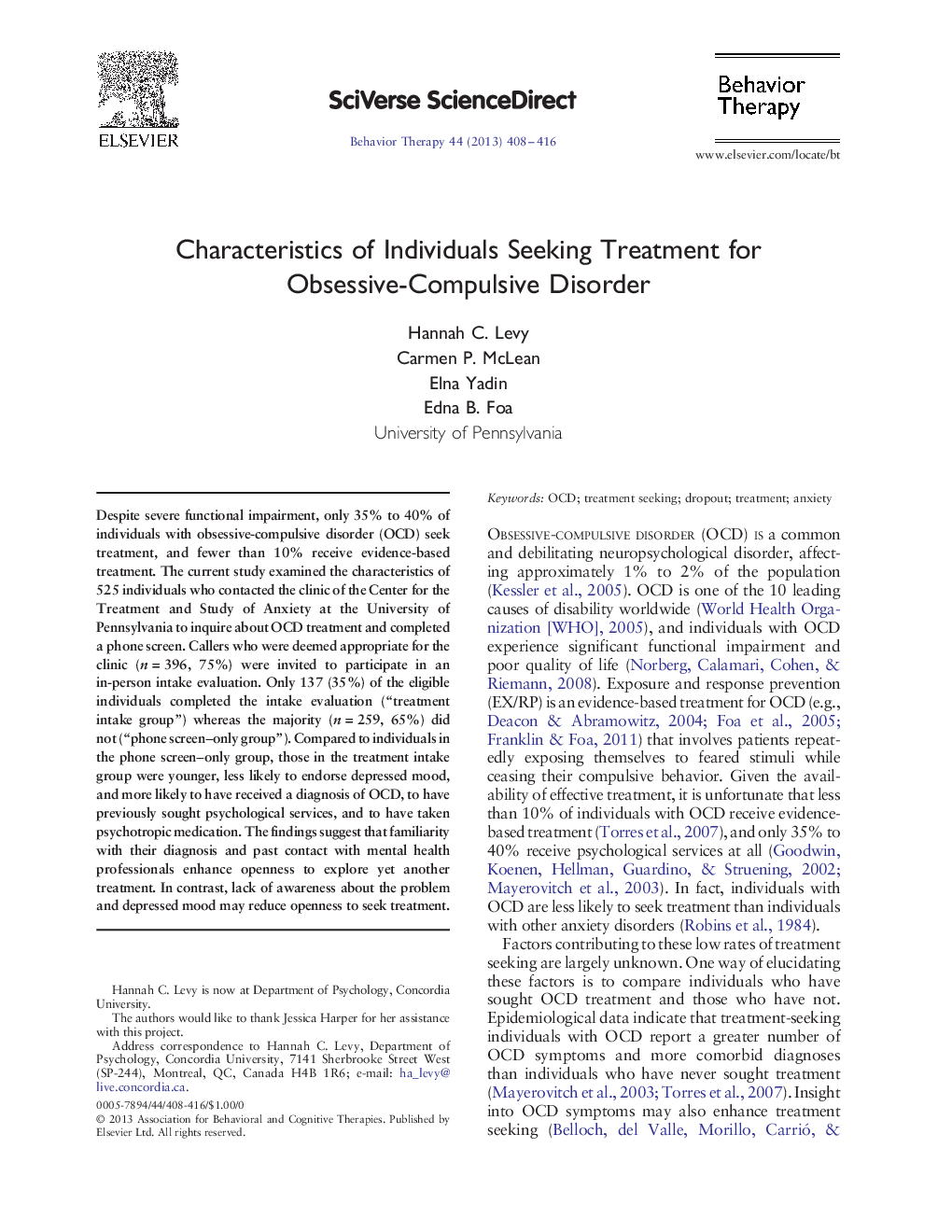 عکس صفحه اول مقاله: Characteristics of Individuals Seeking Treatment for Obsessive-Compulsive Disorder Characteristics of Individuals Seeking Treatment for Obsessive-Compulsive Disorder
