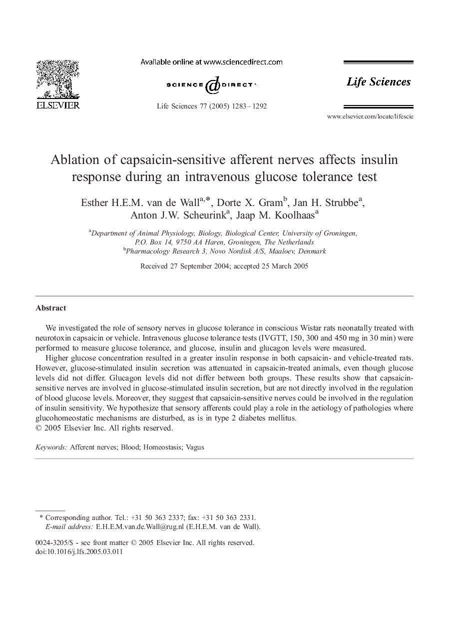 Ablation of capsaicin-sensitive afferent nerves affects insulin response during an intravenous glucose tolerance test