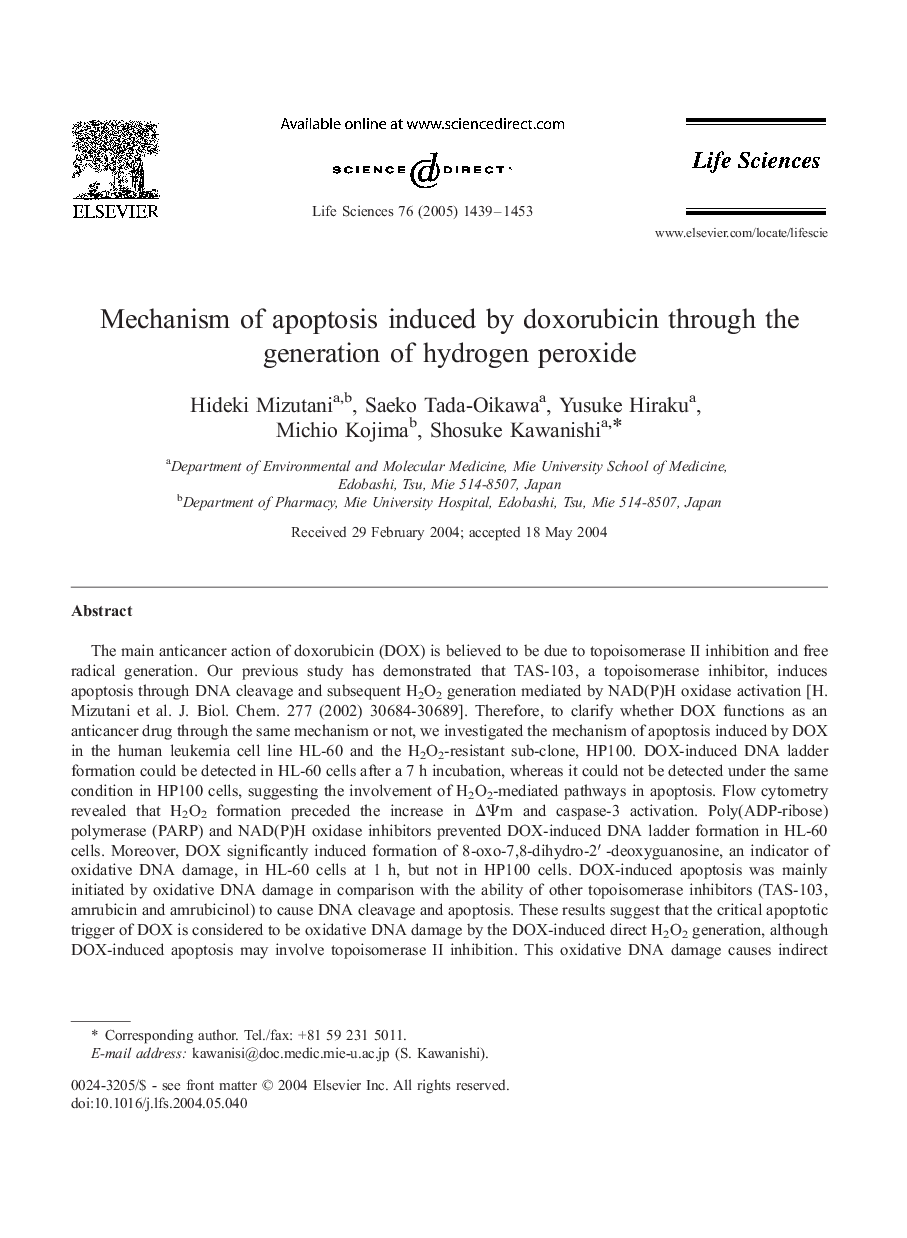 Mechanism of apoptosis induced by doxorubicin through the generation of hydrogen peroxide