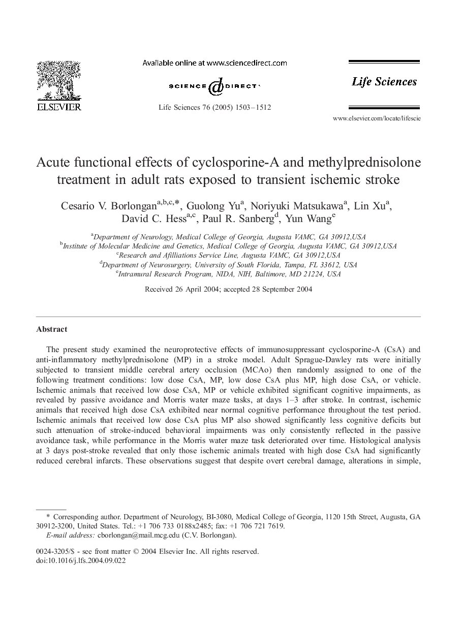 Acute functional effects of cyclosporine-A and methylprednisolone treatment in adult rats exposed to transient ischemic stroke