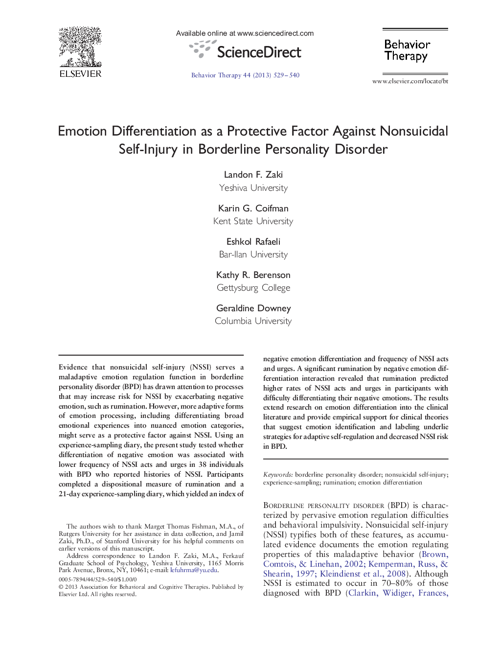 Emotion Differentiation as a Protective Factor Against Nonsuicidal Self-Injury in Borderline Personality Disorder 