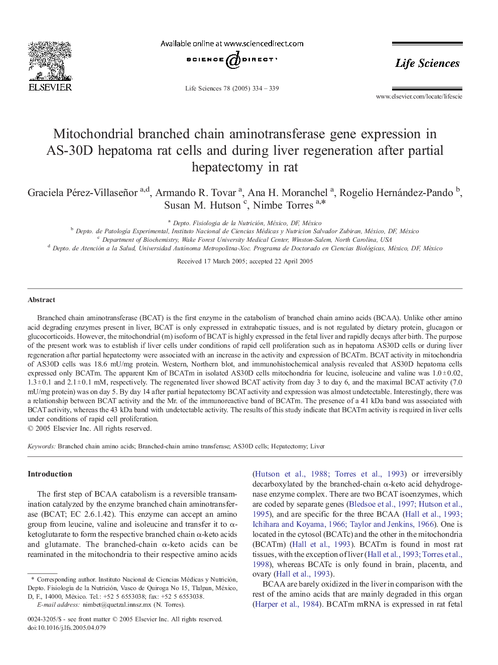 Mitochondrial branched chain aminotransferase gene expression in AS-30D hepatoma rat cells and during liver regeneration after partial hepatectomy in rat