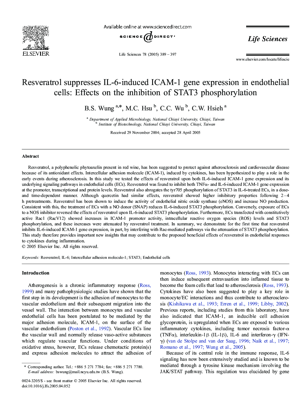 Resveratrol suppresses IL-6-induced ICAM-1 gene expression in endothelial cells: Effects on the inhibition of STAT3 phosphorylation