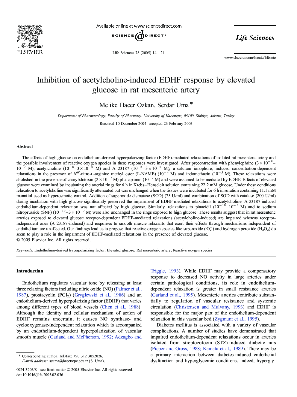 Inhibition of acetylcholine-induced EDHF response by elevated glucose in rat mesenteric artery